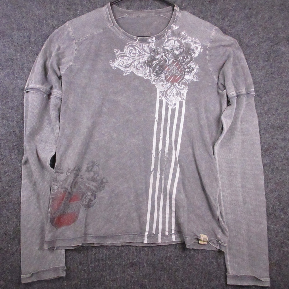 Y2K Crest Coat Of Arms Shirt Mens Large Gray Long Sleeve Graphic T Shirt Tee
